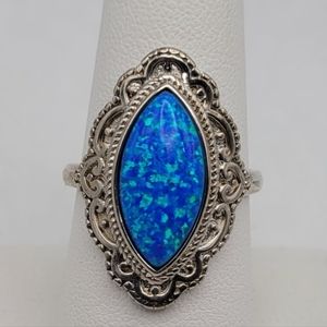 Blue Simulated Fire Lab Created Opal Filigree Sterling Silver Ring Size 8